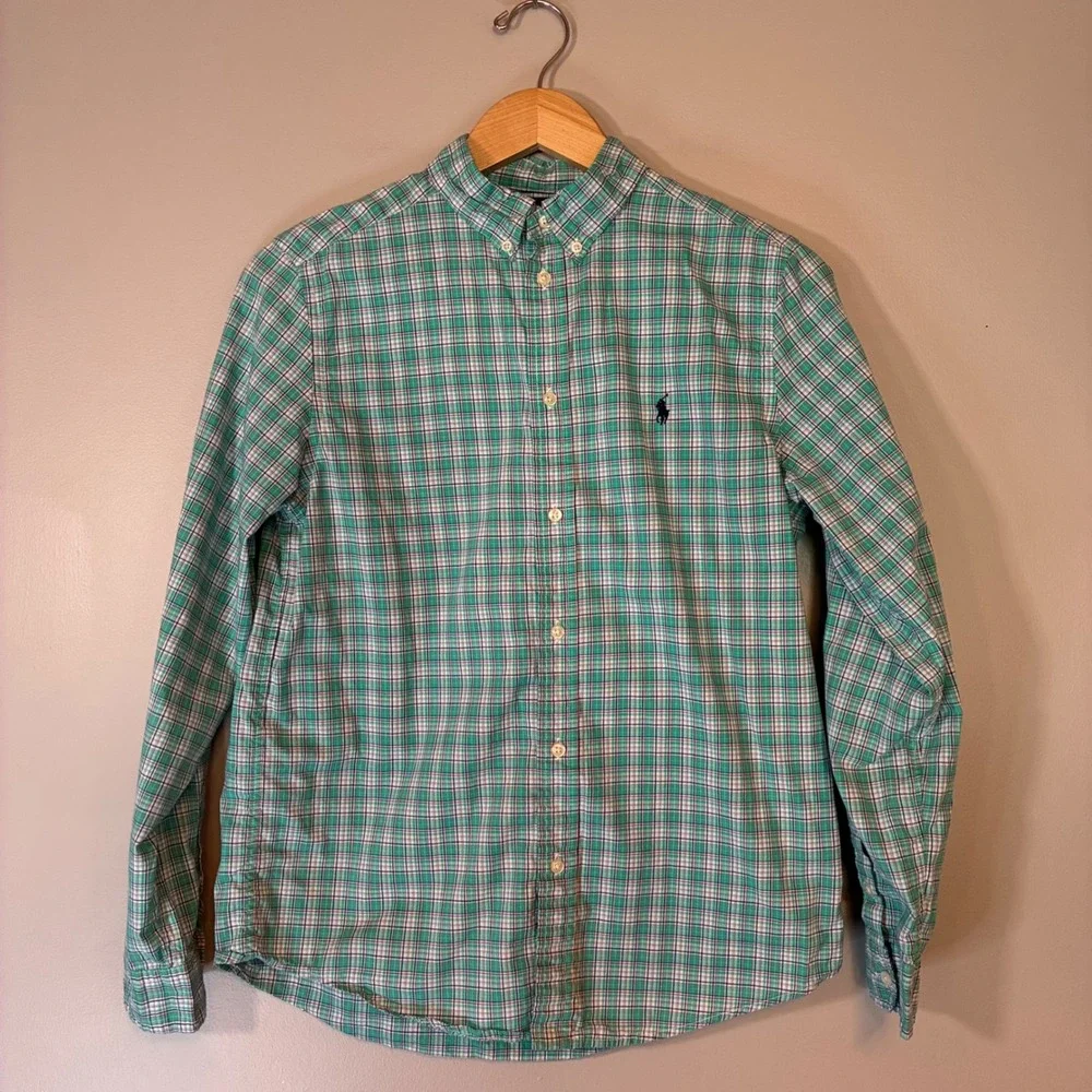 Ralph Lauren Boys XL 18-20 Green Plaid Button Down Shirt Long Sleeve Cotton